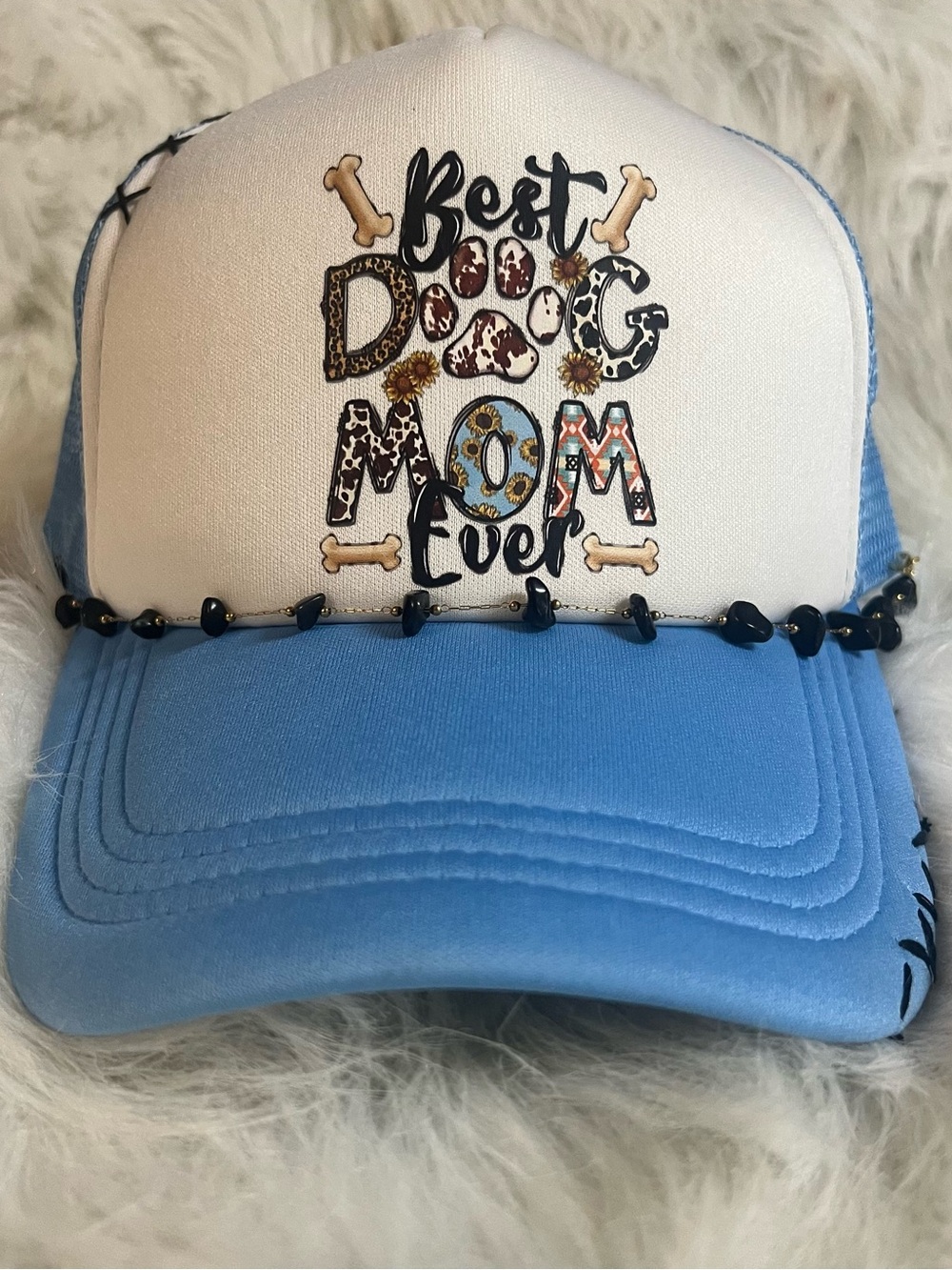 Best Dog Mom Ever Light Blue Trucker Hat embroidery